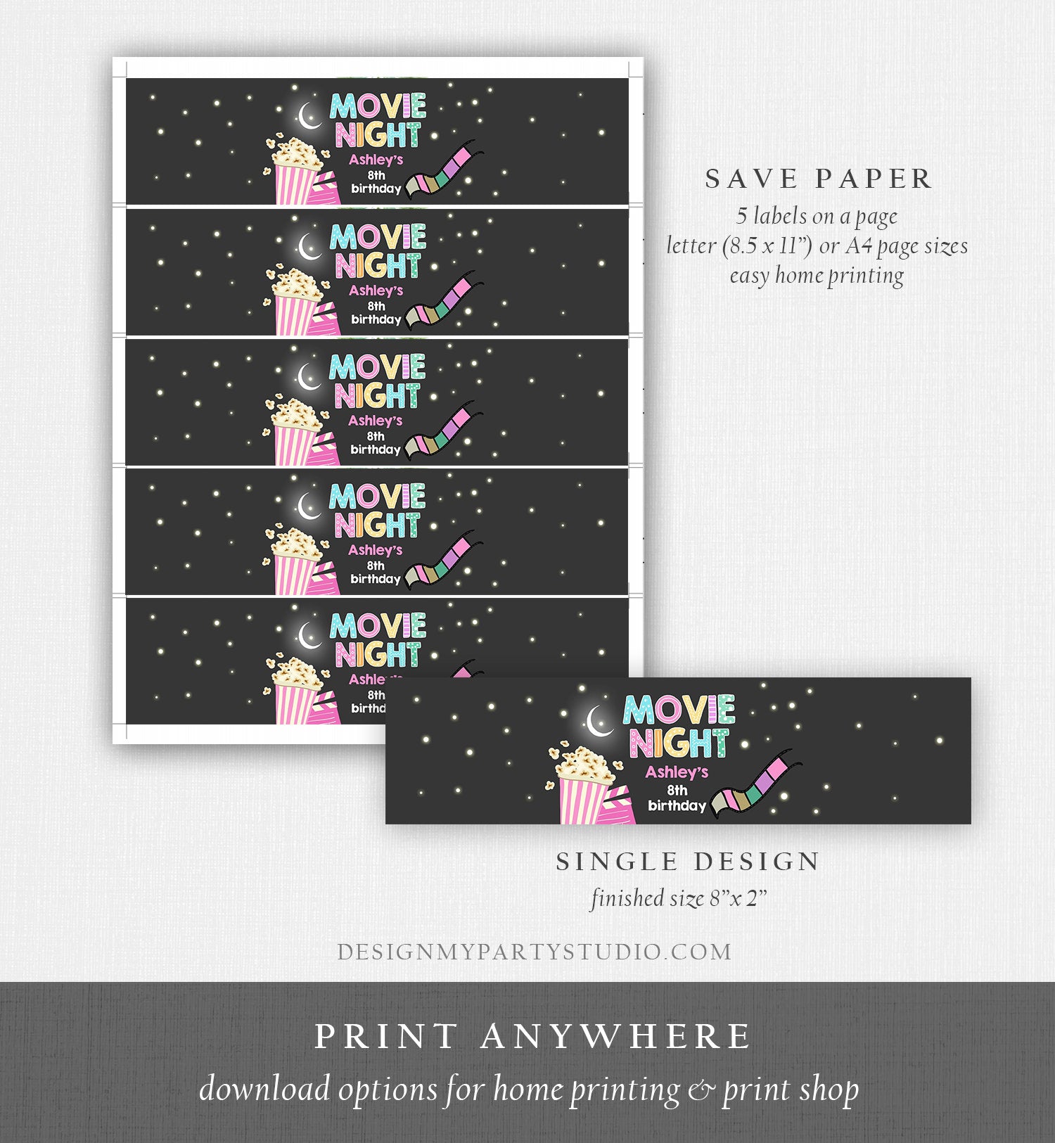 Editable Water Bottle Labels Move Night Girl Birthday Backyard Movie Party Popcorn Pink Slumber Printable Bottle Labels Template Corjl 0042