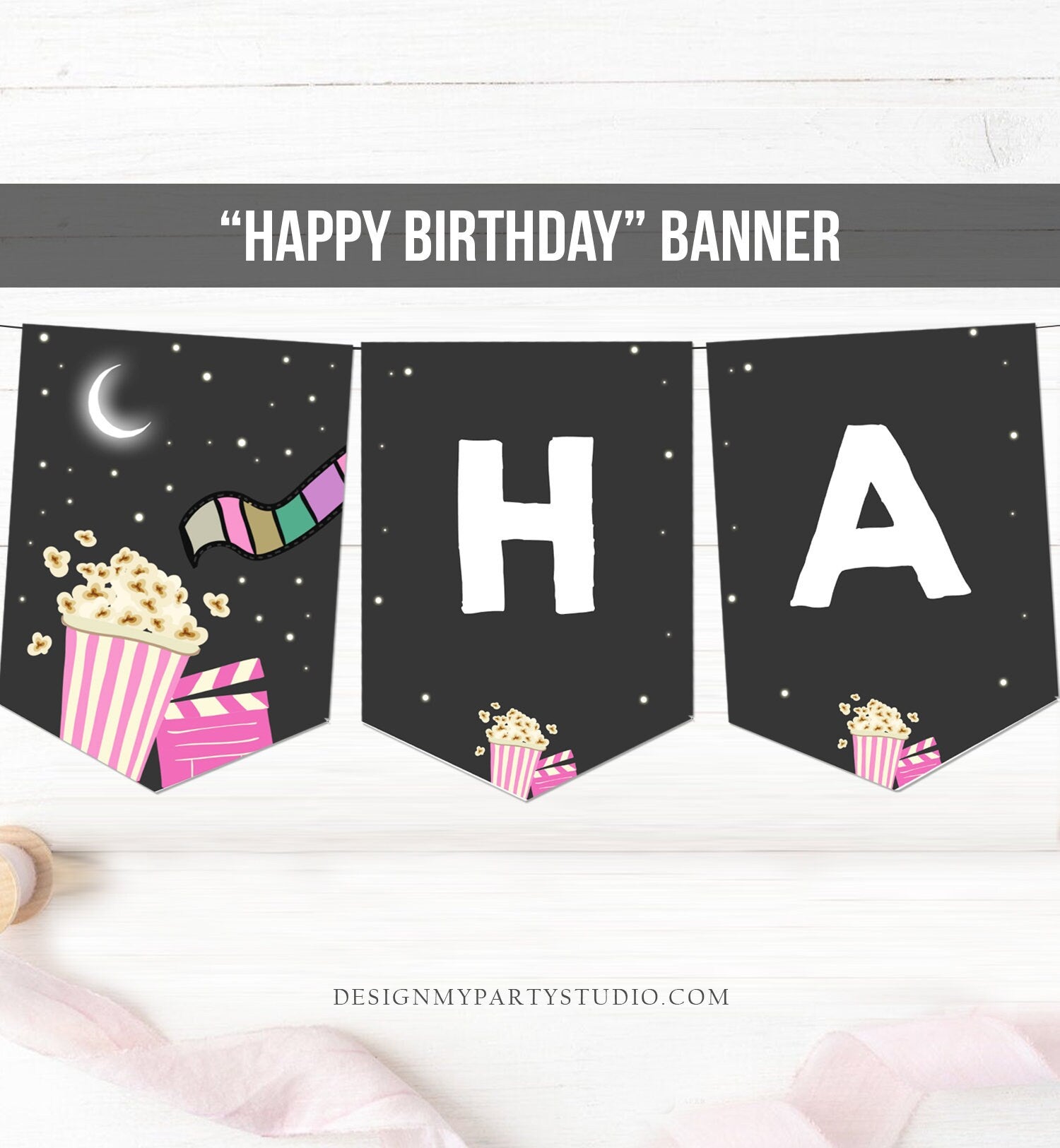 Happy Birthday Banner Movie Night Birthday Girl Pink Movie Party Movie - Design My Party Studio for Free Printable Movie Night Banner