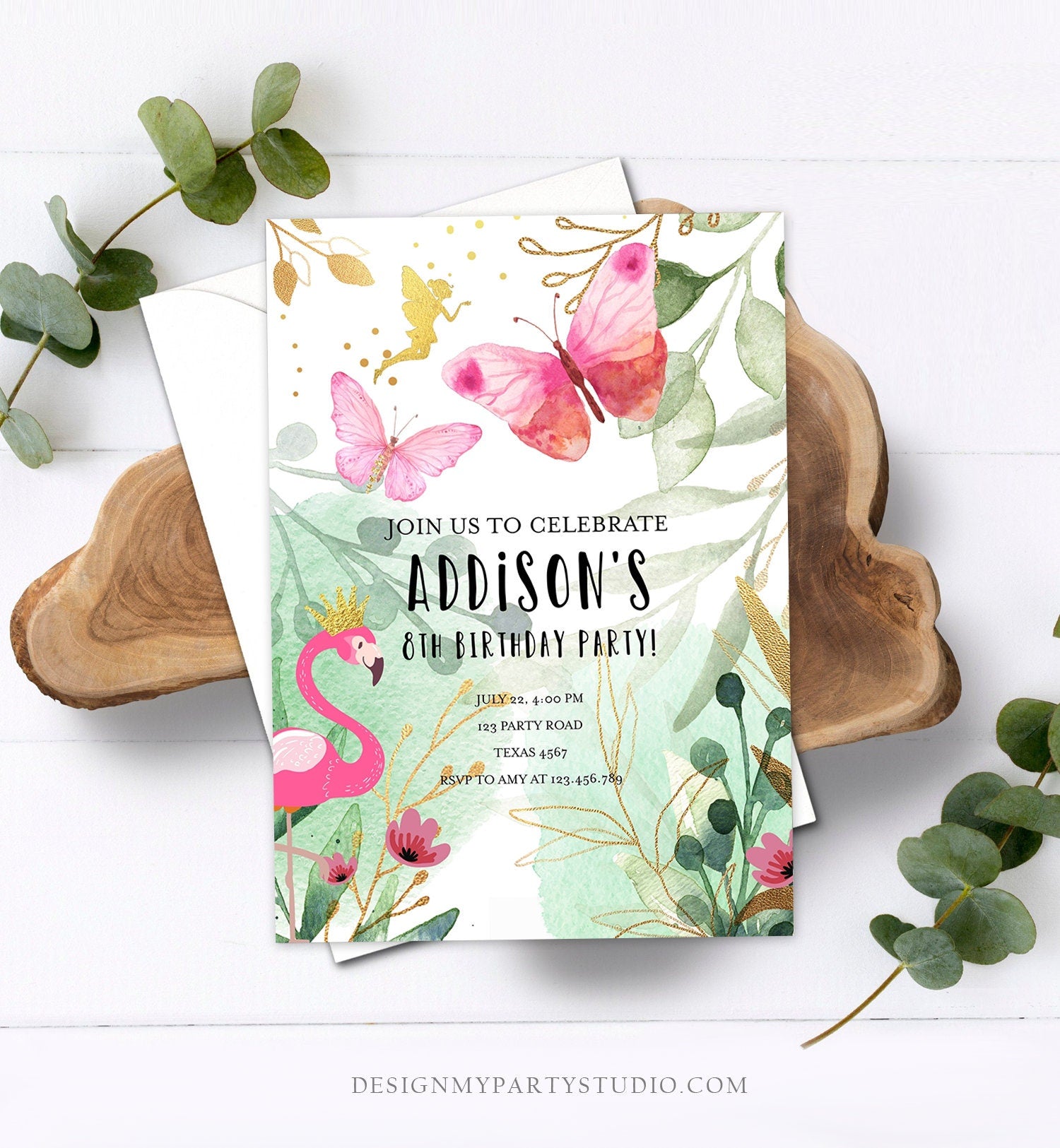 Editable Butterfly Birthday Invitation Flamingo Invitation Garden Floral Flowers Pink Gold Girl Fairy Download Printable Template Corjl 0170