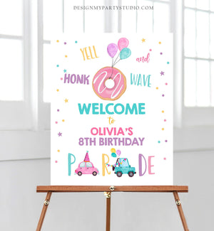Editable Drive By Birthday Sign Donut Welcome Girl Quarantine Party Poster Welcome Birthday Parade Sign Pink Template PRINTABLE Corjl 0343