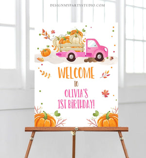 Editable Pumpkin Welcome Sign Pumpkin Truck Birthday Fall Baby Shower Fall Welcome First Birthday Girl Pink Template Corjl PRINTABLE 0153