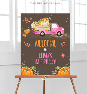 Editable Pumpkin Welcome Sign Pumpkin Truck Birthday Fall Baby Shower Fall Welcome First Birthday Girl Pink Template Corjl PRINTABLE 0153