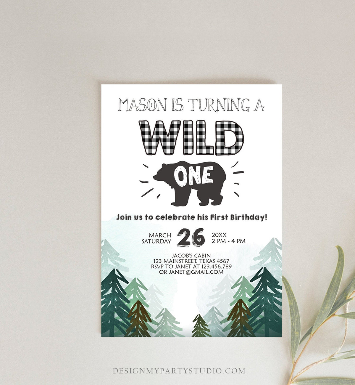 Editable Lumberjack Wild One Birthday Invitation First Birthday Forest Trees Red Plaid Outdoor Bear Boy 1st Printable Corjl Template 0377