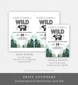 Editable Lumberjack Wild One Birthday Invitation First Birthday Forest Trees Red Plaid Outdoor Bear Boy 1st Printable Corjl Template 0377