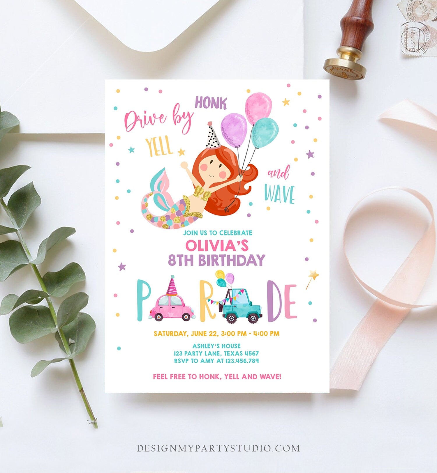 Editable Mermaid Drive By Birthday Parade Invitation Virtual Party Invite Honk Wave Car Girl Pink Quarantine Download Digital Corjl 0338