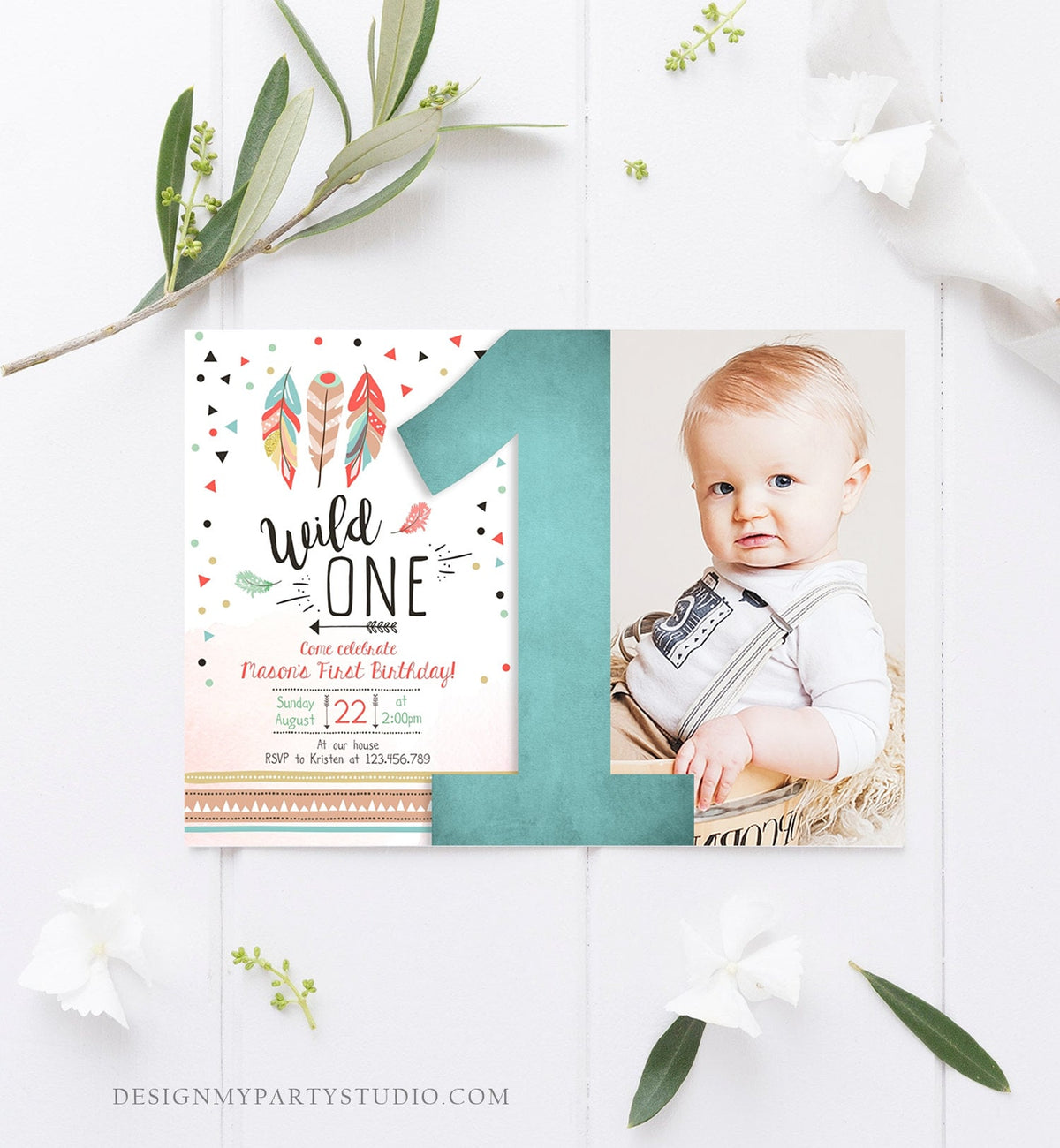 Editable Birthday Invitation Wild One Boy Invite Tribal Boho Arrow Feathers Red Blue Mint Download Printable Template Digital Corjl 0073