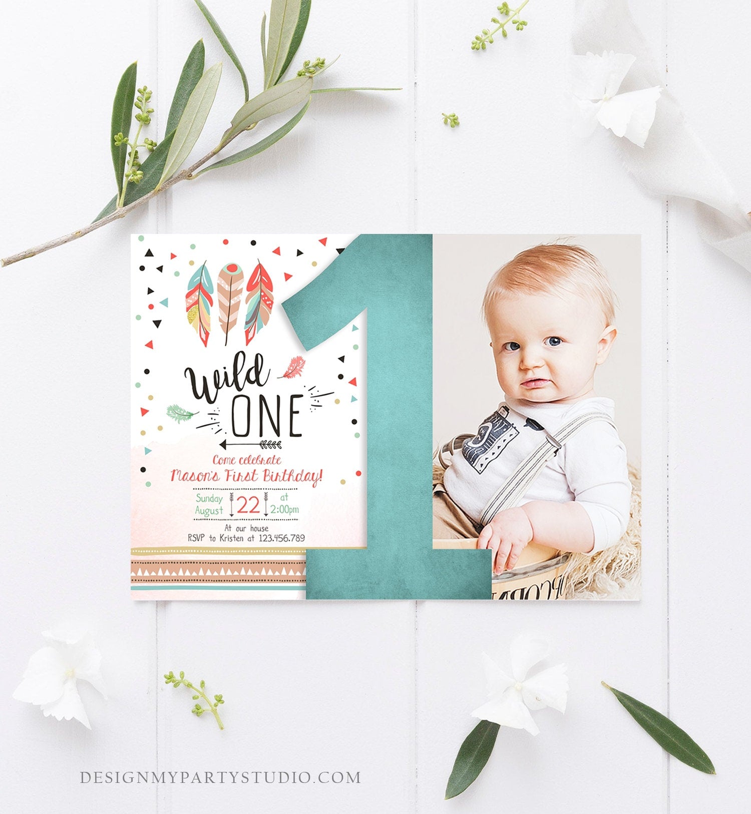 Editable Birthday Invitation Wild One Boy Invite Tribal Boho Arrow Feathers Red Blue Mint Download Printable Template Digital Corjl 0073