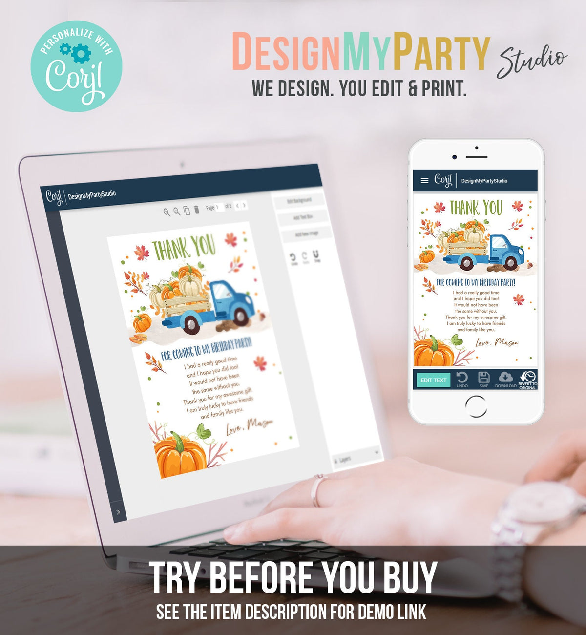 Editable Pumpkin Birthday Thank You Card Fall Pumpkin Truck Blue Boy Birthday Party Blue Green Orange Download Printable Template Corjl 0153