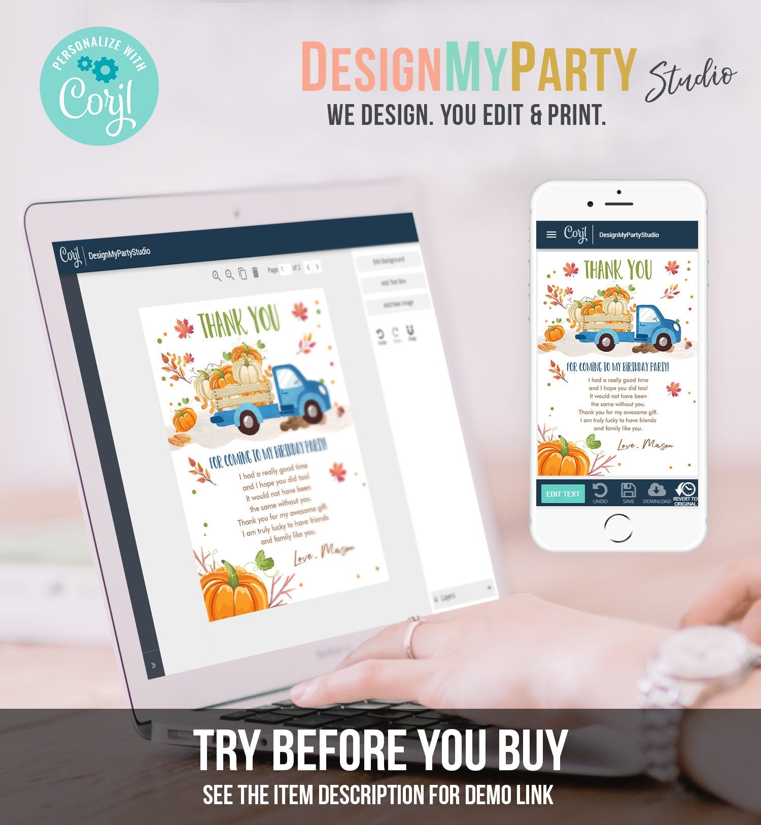 Editable Pumpkin Birthday Thank You Card Fall Pumpkin Truck Blue Boy Birthday Party Blue Green Orange Download Printable Template Corjl 0153