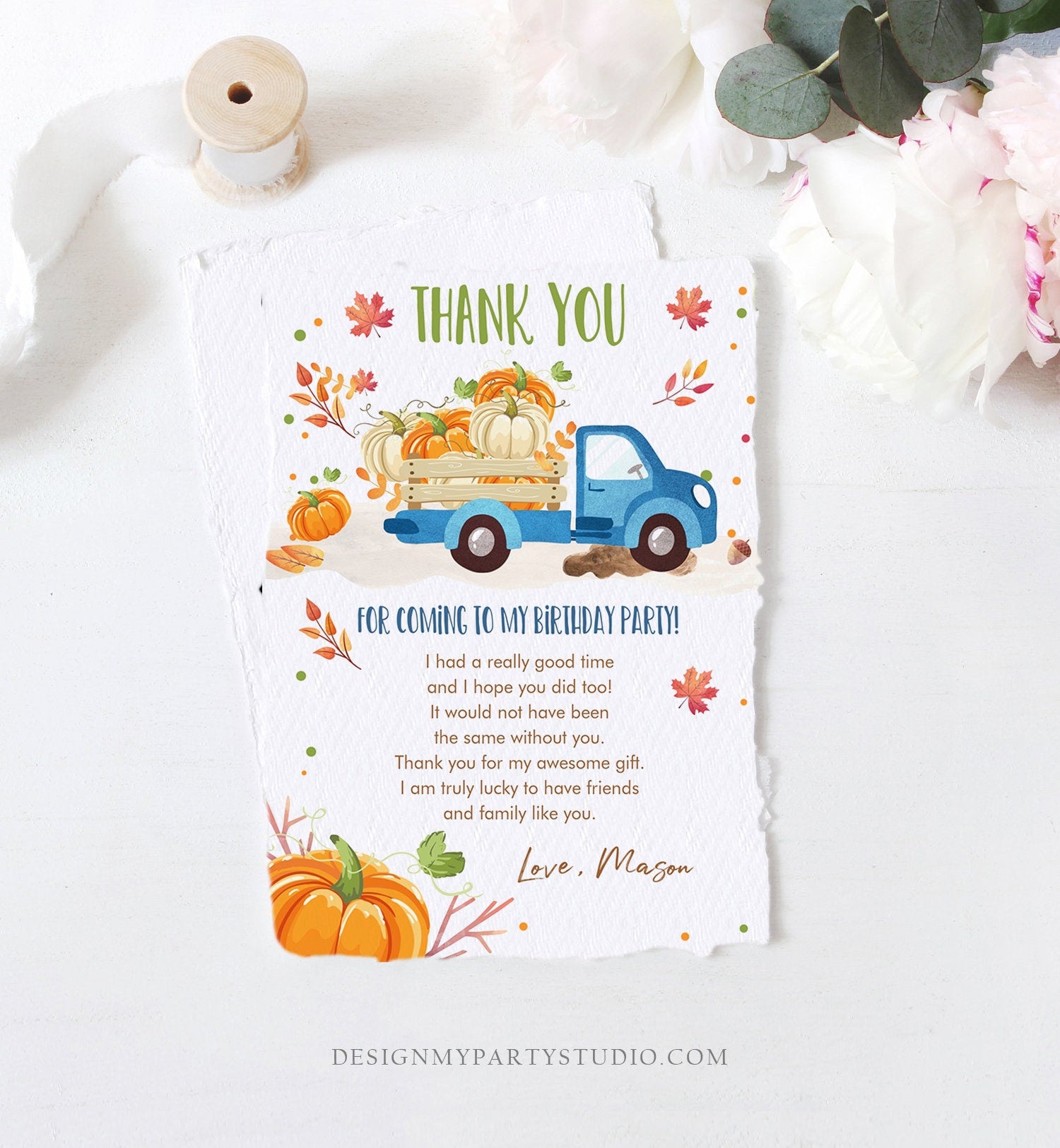 Editable Pumpkin Birthday Thank You Card Fall Pumpkin Truck Blue Boy Birthday Party Blue Green Orange Download Printable Template Corjl 0153