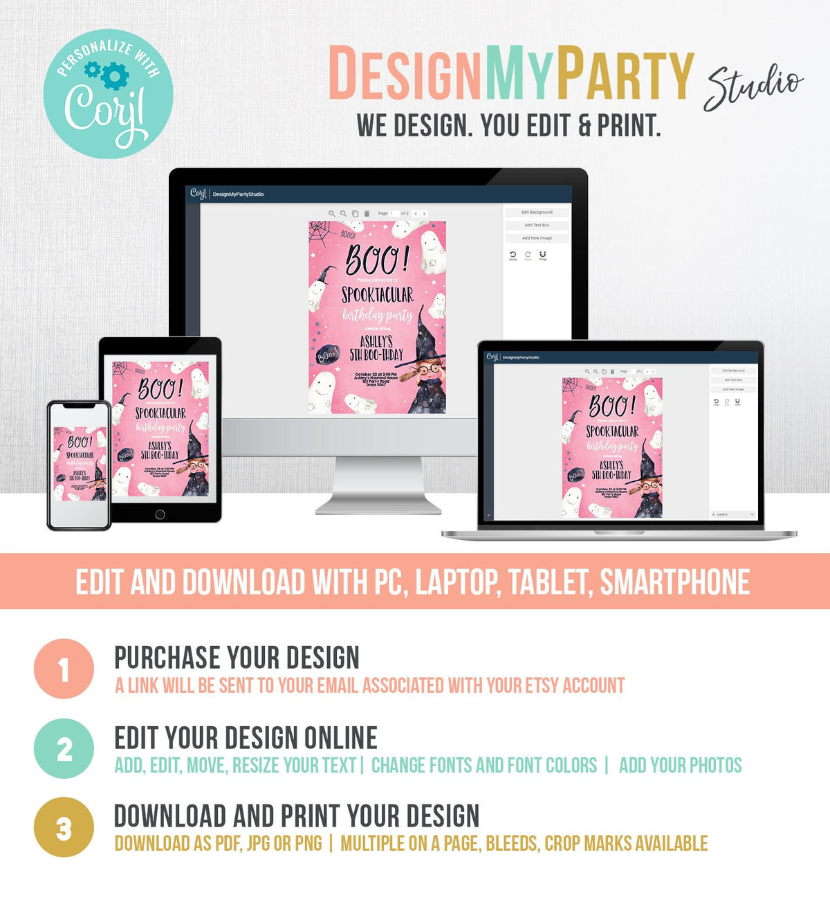 Editable Halloween Birthday Invitation Ghost Costume Party Girl Pink Kids Spooktacular Witch Party Download Printable Template Corjl 0260