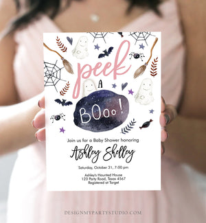 Editable Peek A Boo Baby Shower Invitation Cute Halloween Baby Shower Couples Shower Invite Blush Pink Girl Printable Template Corjl 0199