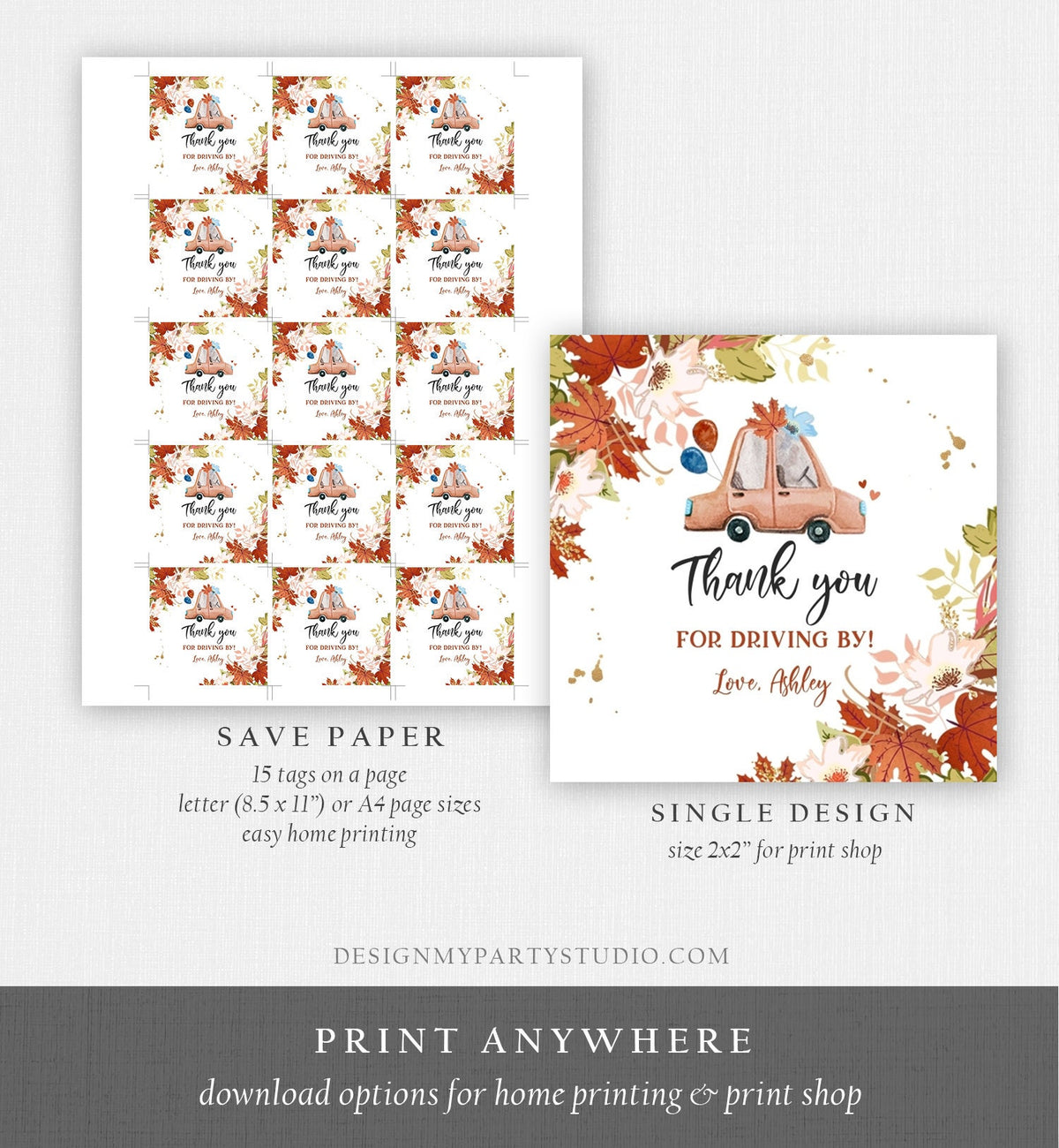 Editable Drive By Favor Tag Fall Drive Through Baby Shower Bridal Shower Birthday Thank You Stickers Quarantine Autumn Blue Boy Corjl 0335