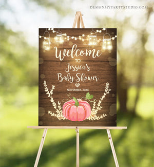 Editable Pink Pumpkin Baby Shower Welcome Sign Rustic Wood Girl Birthday Couples Shower Fall Autumn Pumpkin Party Corjl Template 0015
