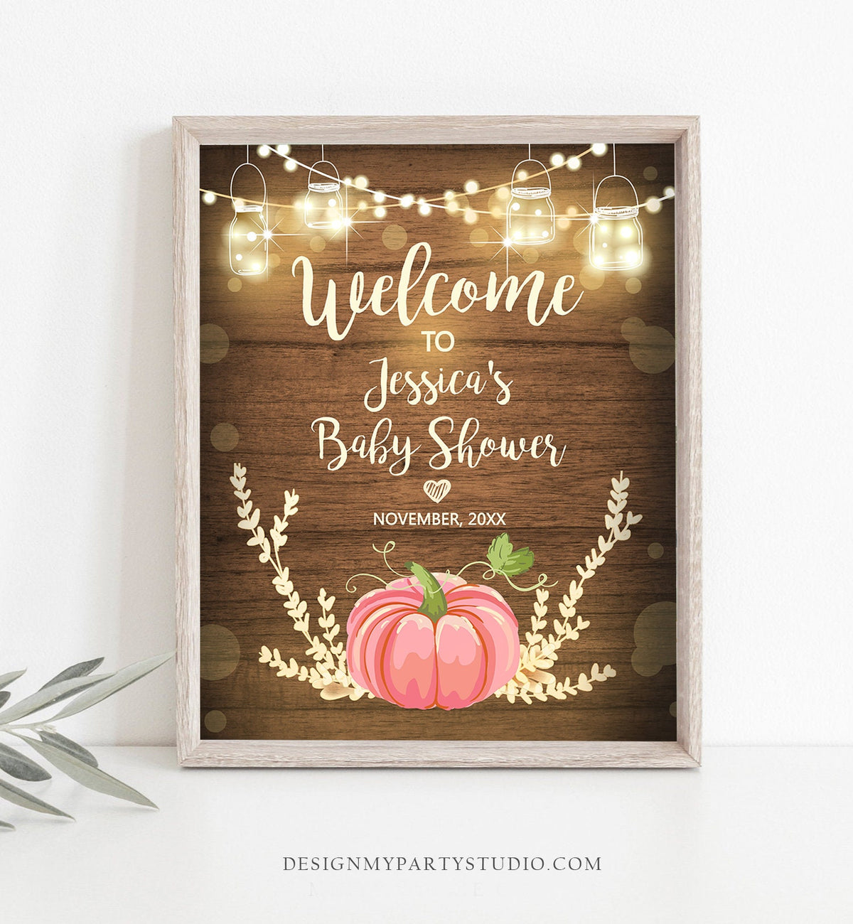 Editable Pink Pumpkin Baby Shower Welcome Sign Rustic Wood Girl Birthday Couples Shower Fall Autumn Pumpkin Party Corjl Template 0015