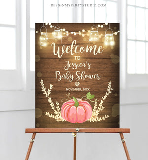 Editable Pink Pumpkin Baby Shower Welcome Sign Rustic Wood Girl Birthday Couples Shower Fall Autumn Pumpkin Party Corjl Template 0015