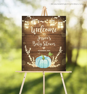 Editable Blue Pumpkin Baby Shower Welcome Sign Rustic Wood Boy Birthday Couples Shower Fall Autumn Pumpkin Party Corjl Template 0015