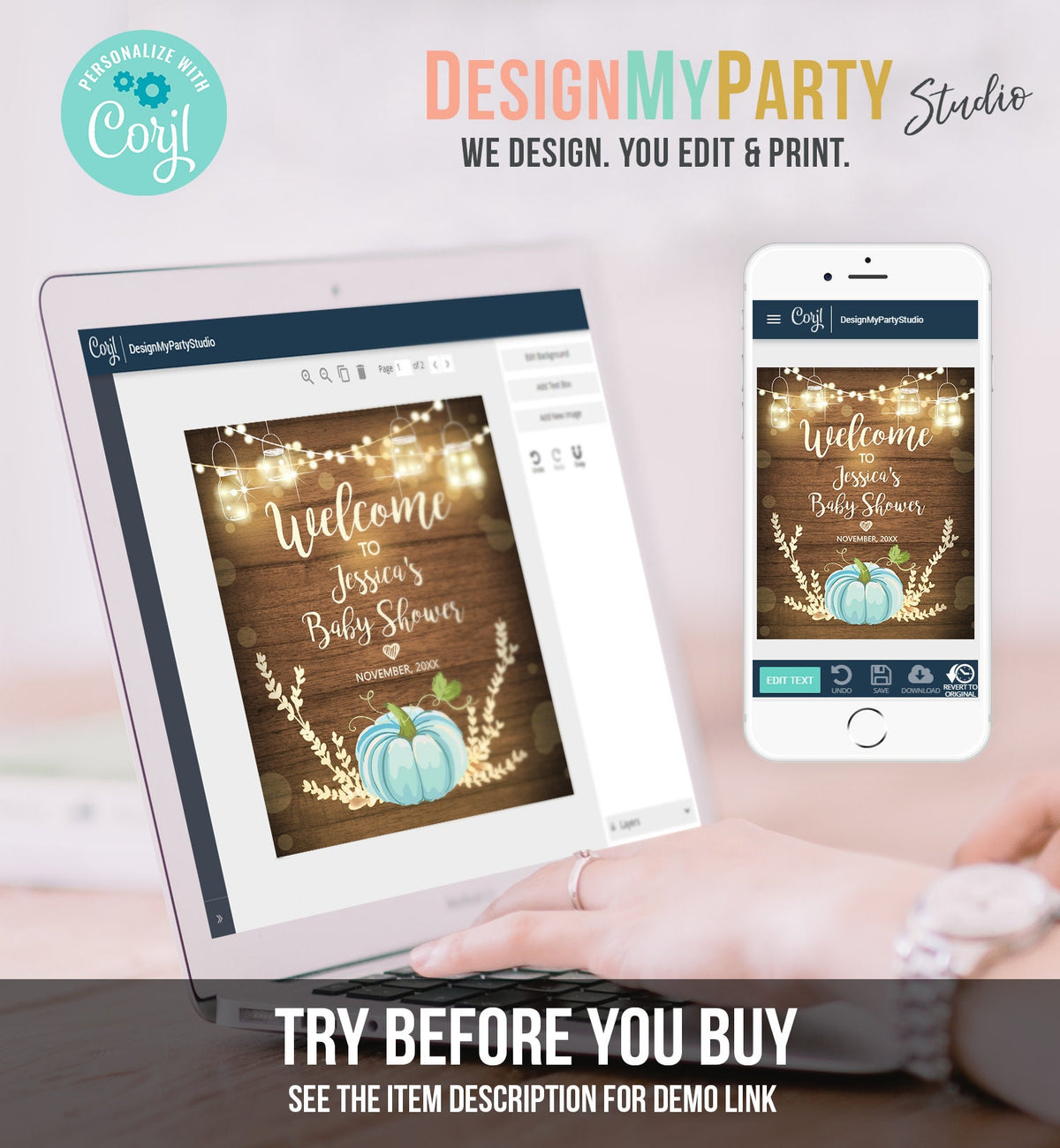 Editable Blue Pumpkin Baby Shower Welcome Sign Rustic Wood Boy Birthday Couples Shower Fall Autumn Pumpkin Party Corjl Template 0015