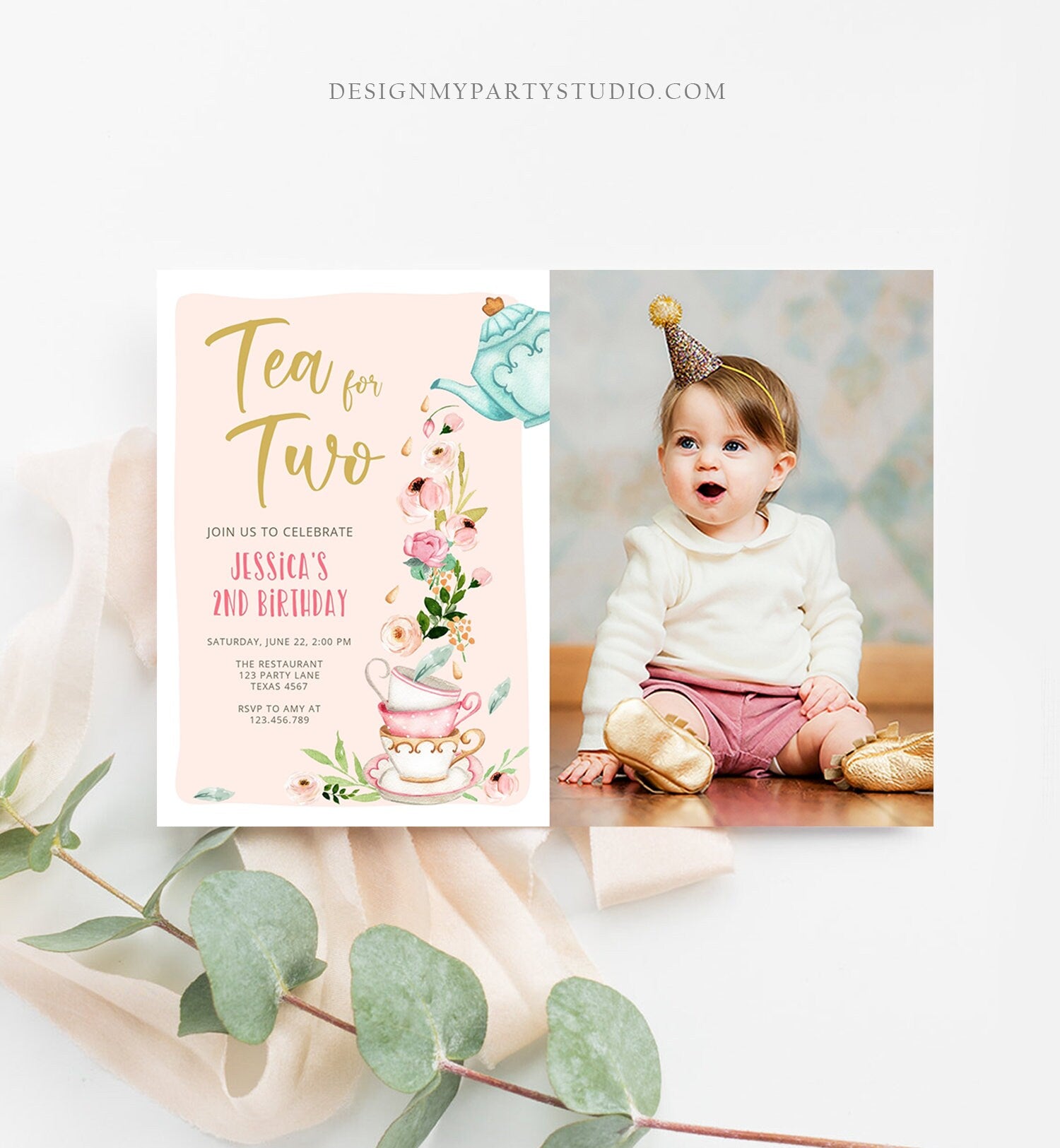 Editable Tea for Two Birthday Invitation Girl Tea Party Invite Pink Gold Floral Peach Pink Download Printable Template Corjl Digital 0349
