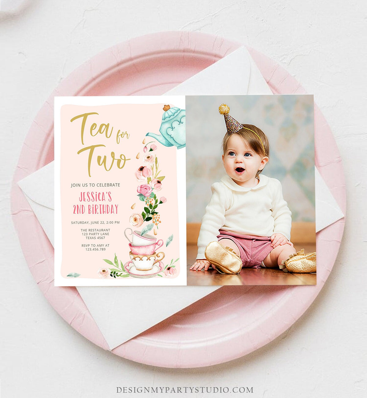 Editable Tea for Two Birthday Invitation Girl Tea Party Invite Pink Gold Floral Peach Pink Download Printable Template Corjl Digital 0349