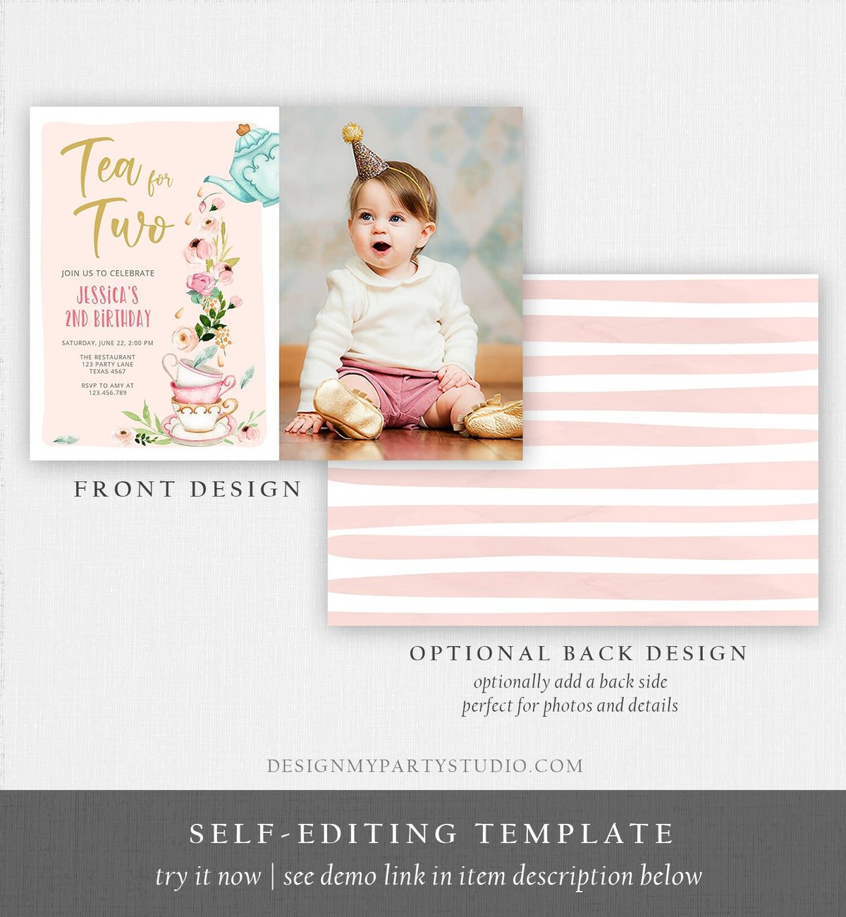 Editable Tea for Two Birthday Invitation Girl Tea Party Invite Pink Gold Floral Peach Pink Download Printable Template Corjl Digital 0349