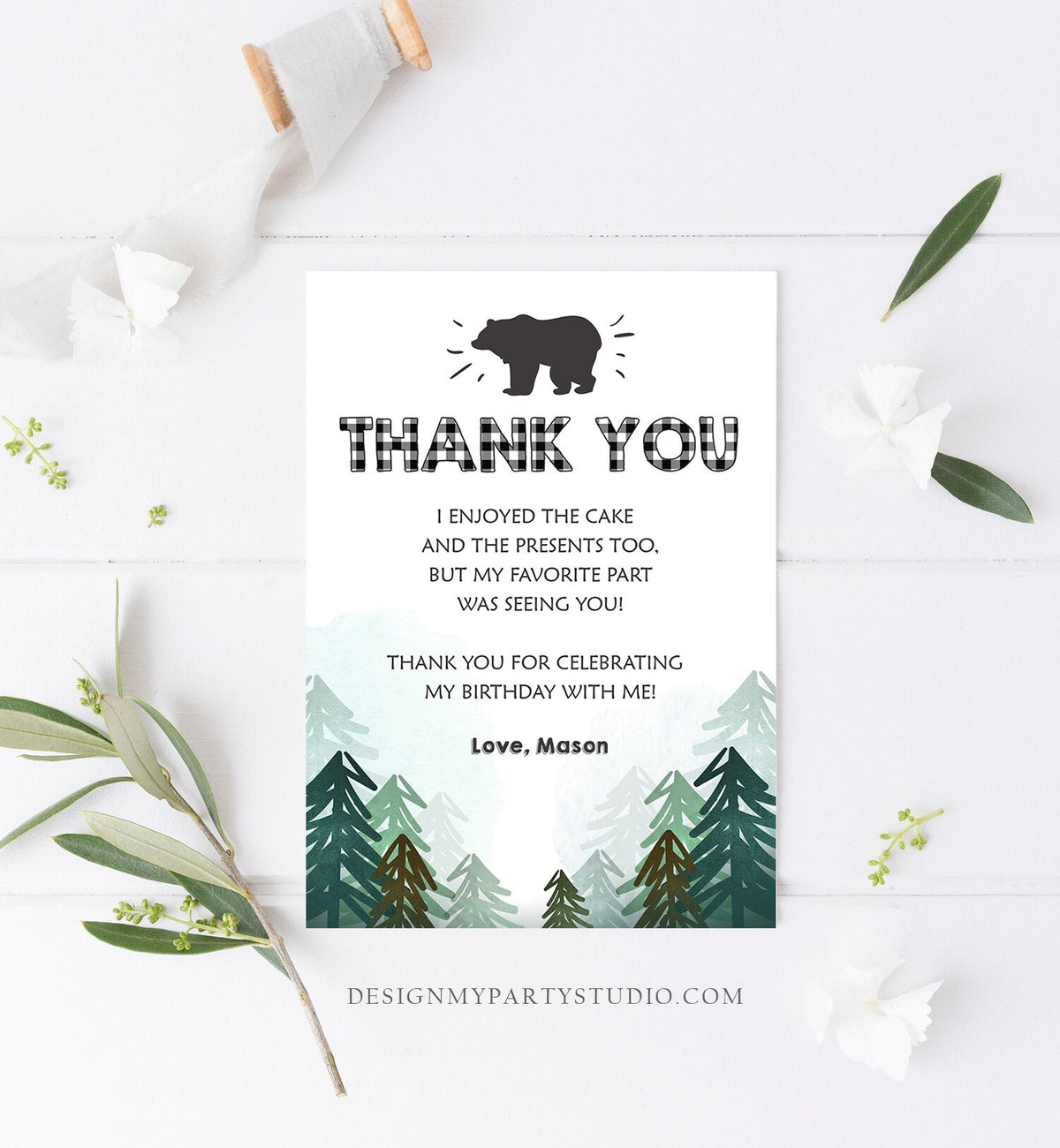 Editable Thank You Card Wild One Birthday Rustic Bear Birthday Trees Forest Black White Lumberjack Download Printable Template Corjl 0377