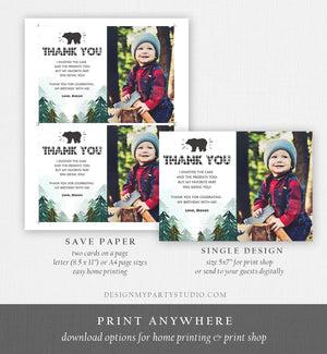 Editable Thank You Card Wild One Birthday Rustic Bear Birthday Trees Forest Black White Lumberjack Download Printable Template Corjl 0377