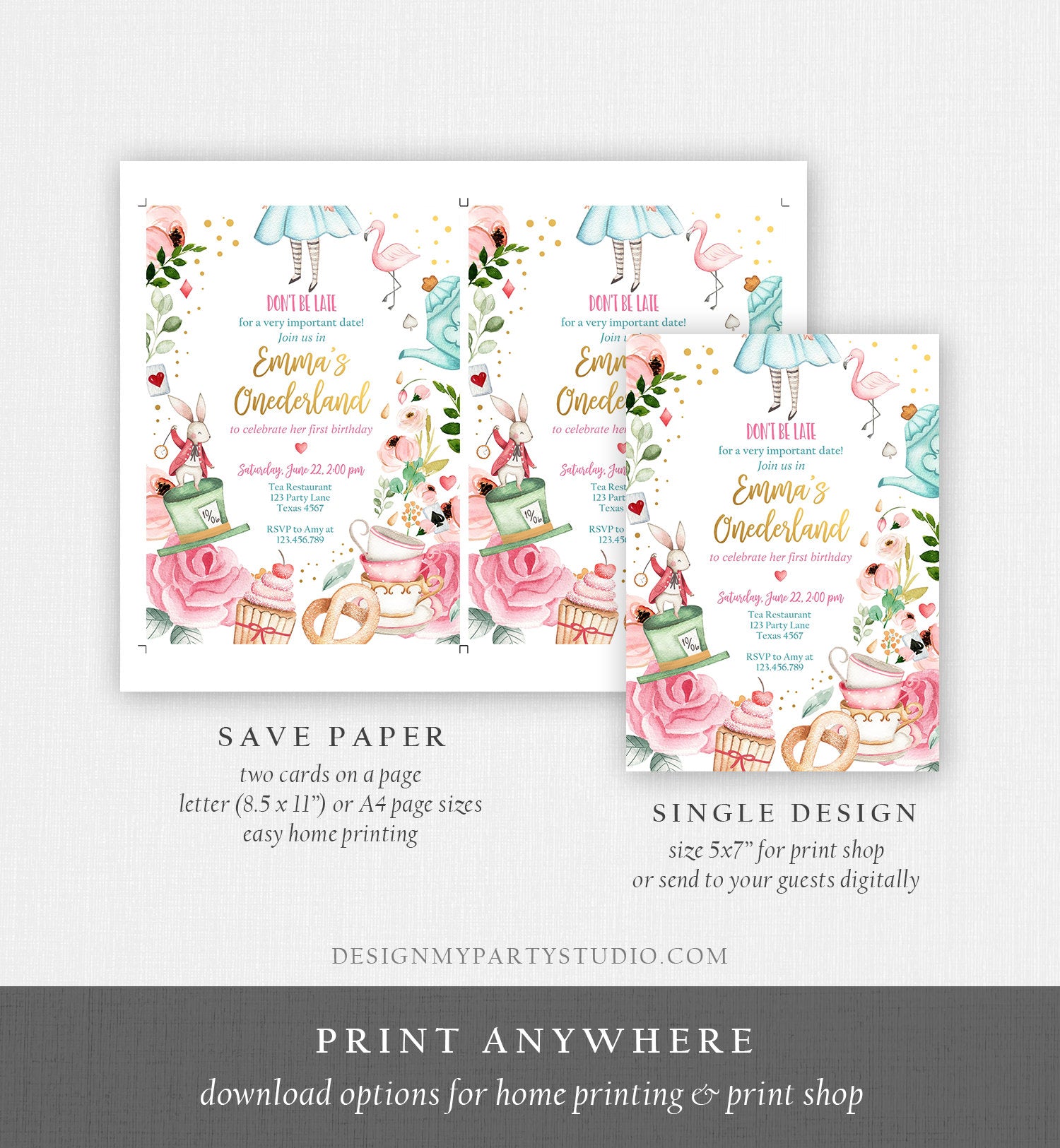 Editable Alice In Wonderland Birthday Invitation Girl First Birthday 1st Onederland Tea Party Pink Printable Template Corjl Digital 0350