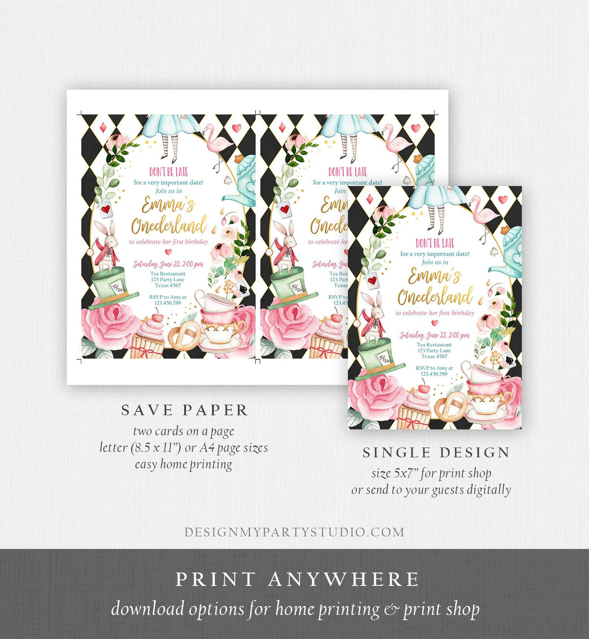 Editable Alice In Wonderland Birthday Invitation Girl First Birthday 1st Onederland Tea Party Pink Printable Template Corjl Digital 0350