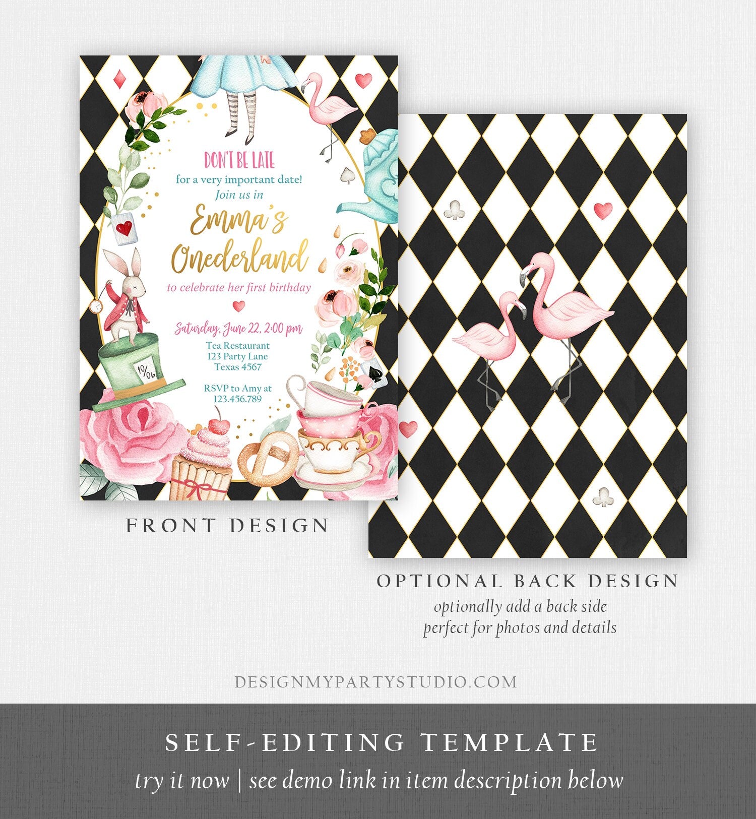 Alice in Wonderland birthday invitation editable template - Edit