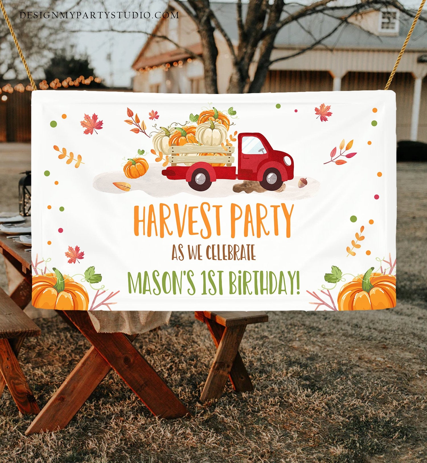Editable Pumpkin Truck Birthday Backdrop Banner Harvest Party Welcome Sign Fall Pumpkins Red Orange Download Corjl Template Printable 0153