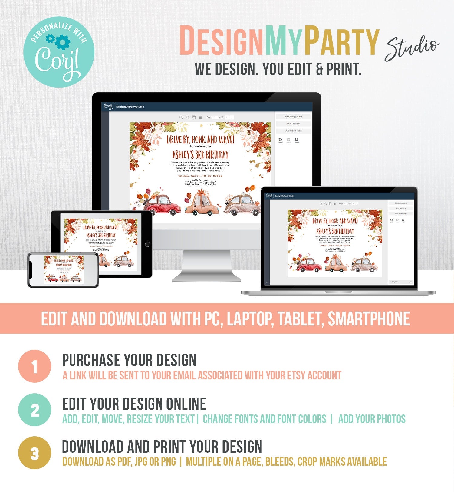 Editable Drive By Birthday Parade Invitation Fall Virtual Party Invite Honk Wave Car Girl Autumn Quarantine Drive Through Digital Corjl 0335