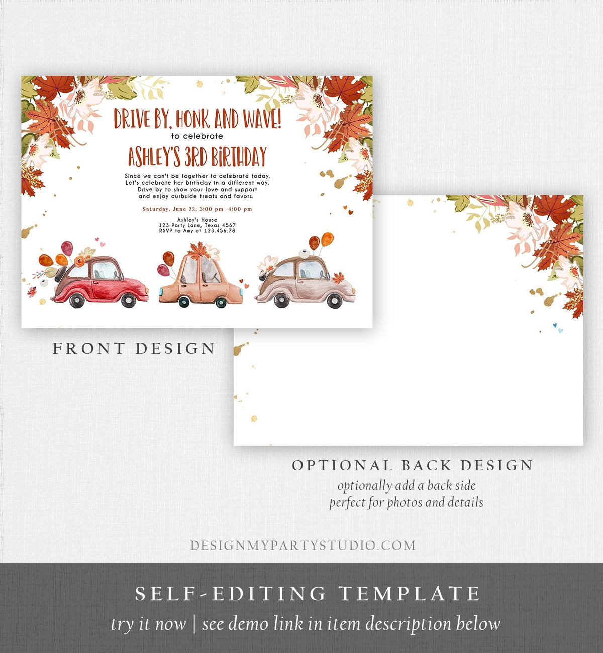 Editable Drive By Birthday Parade Invitation Fall Virtual Party Invite Honk Wave Car Girl Autumn Quarantine Drive Through Digital Corjl 0335
