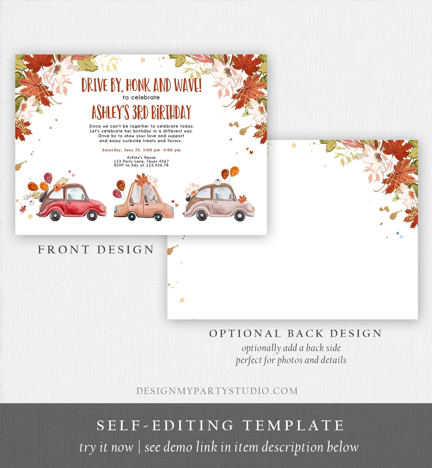 Editable Drive By Birthday Parade Invitation Fall Virtual Party Invite Honk Wave Car Girl Autumn Quarantine Drive Through Digital Corjl 0335