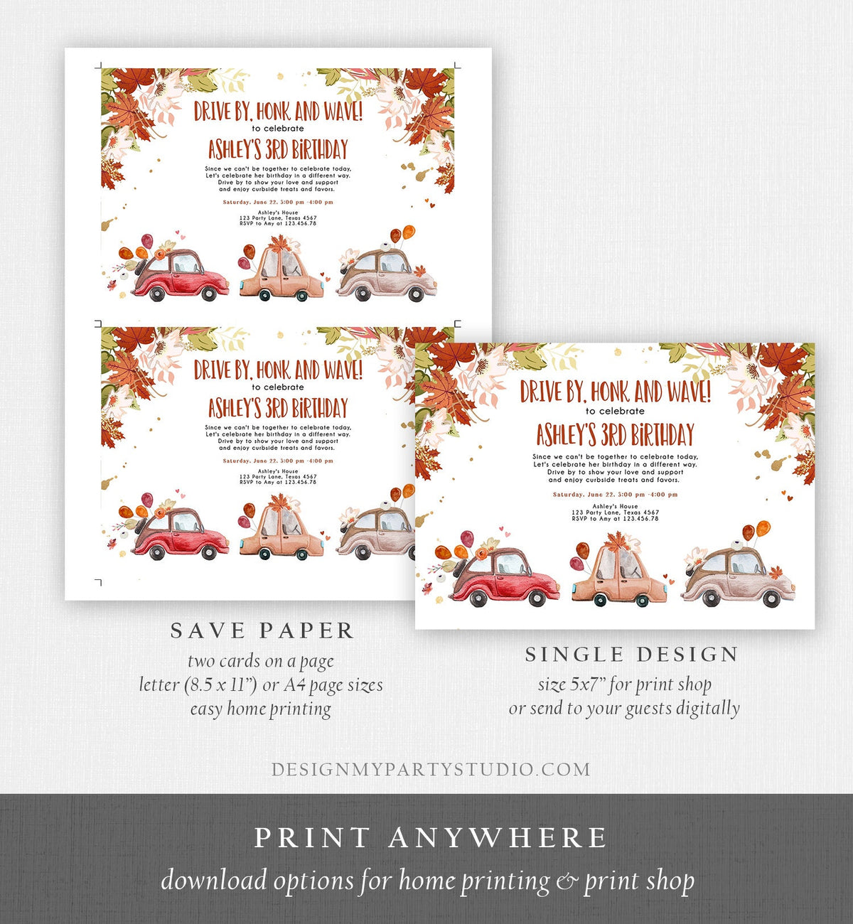Editable Drive By Birthday Parade Invitation Fall Virtual Party Invite Honk Wave Car Girl Autumn Quarantine Drive Through Digital Corjl 0335