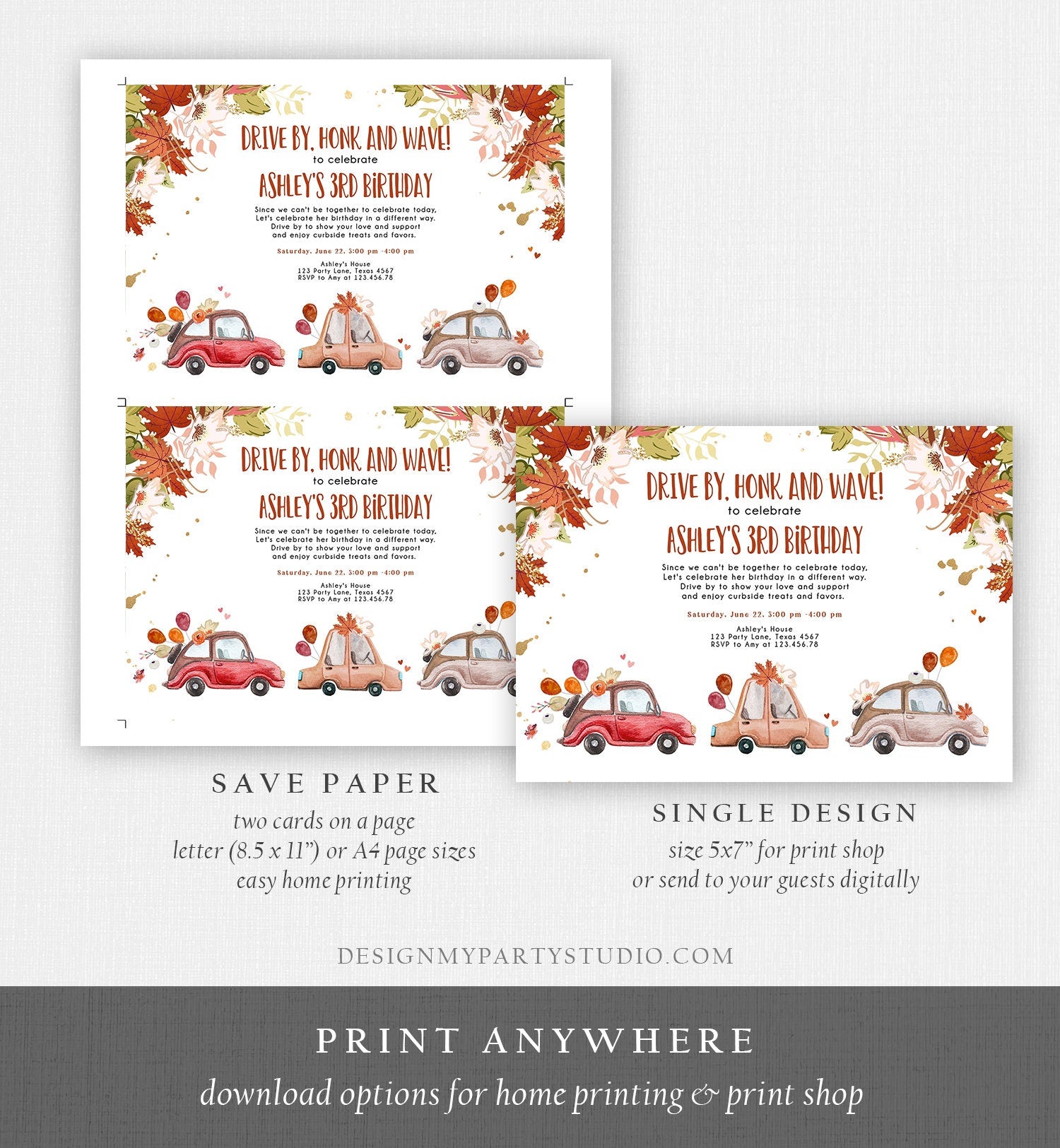 Editable Drive By Birthday Parade Invitation Fall Virtual Party Invite Honk Wave Car Girl Autumn Quarantine Drive Through Digital Corjl 0335