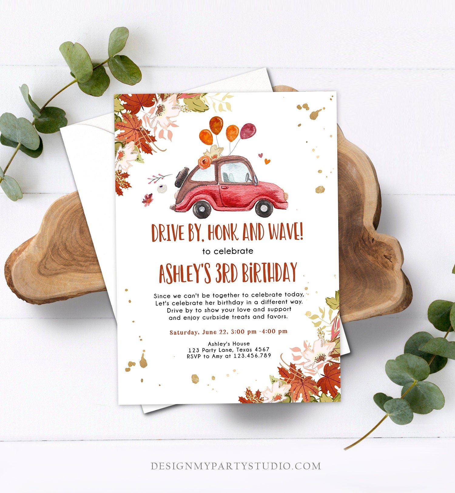 Editable Drive By Birthday Parade Invitation Fall Virtual Party Invite Honk Wave Car Girl Autumn Quarantine Drive Through Digital Corjl 0335