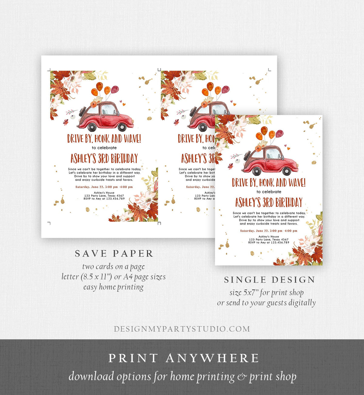 Editable Drive By Birthday Parade Invitation Fall Virtual Party Invite Honk Wave Car Girl Autumn Quarantine Drive Through Digital Corjl 0335