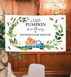 Editable Pumpkin Truck Drive By Baby Shower Backdrop Banner Birthday Welcome Sign Fall Blue Orange Download Corjl Template Printable 0153