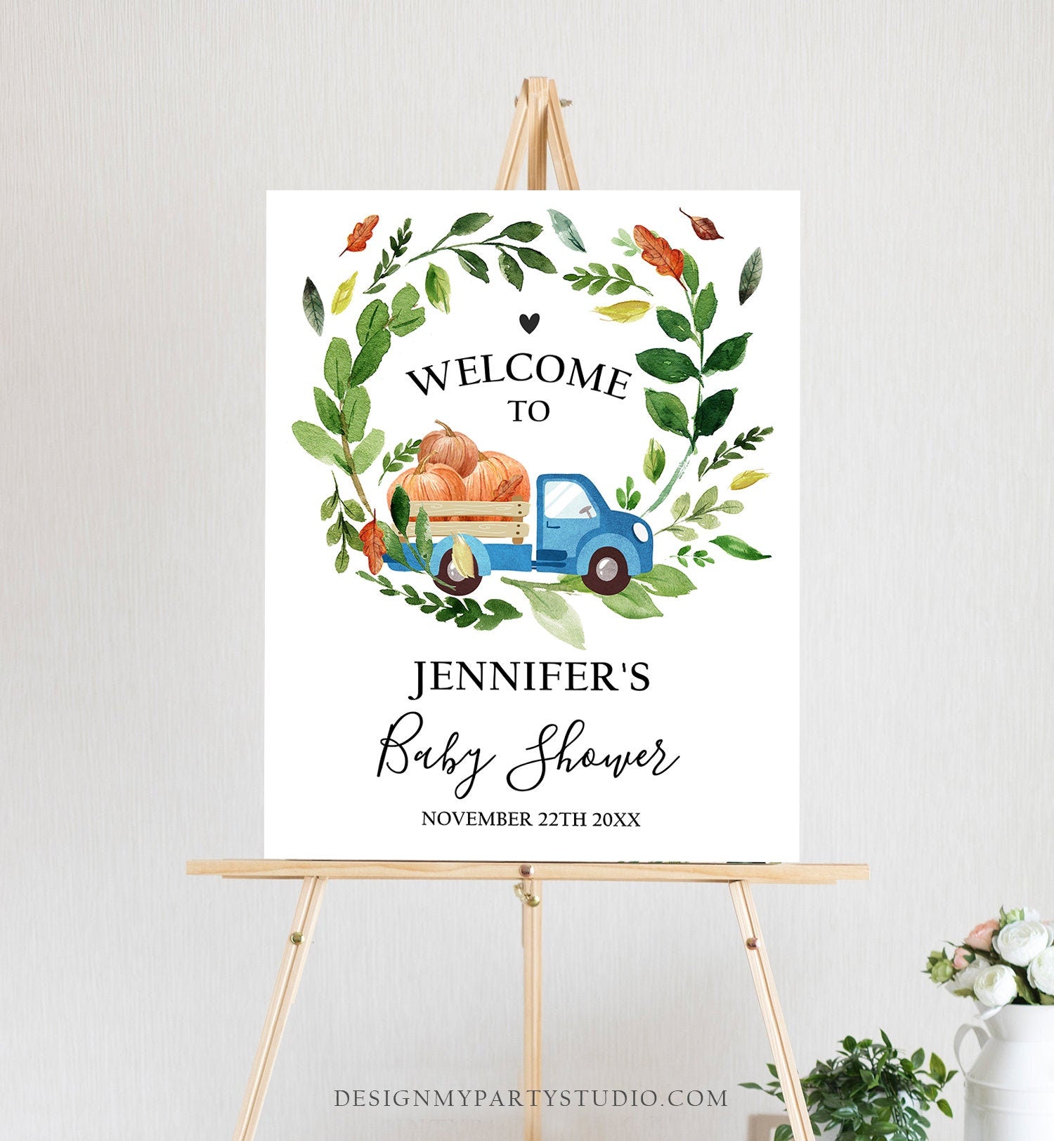 Editable Pumpkin Welcome Sign Pumpkin Truck Birthday Fall Baby Shower Fall Party Welcome 1st Birthday Boy Blue Template Corjl PRINTABLE 0153
