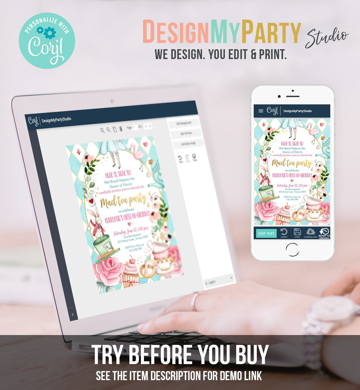 Editable Alice In Wonderland Birthday Invitation Girl First Birthday 1st Mad Tea Party Onederland Pink Printable Template Corjl Digital 0350