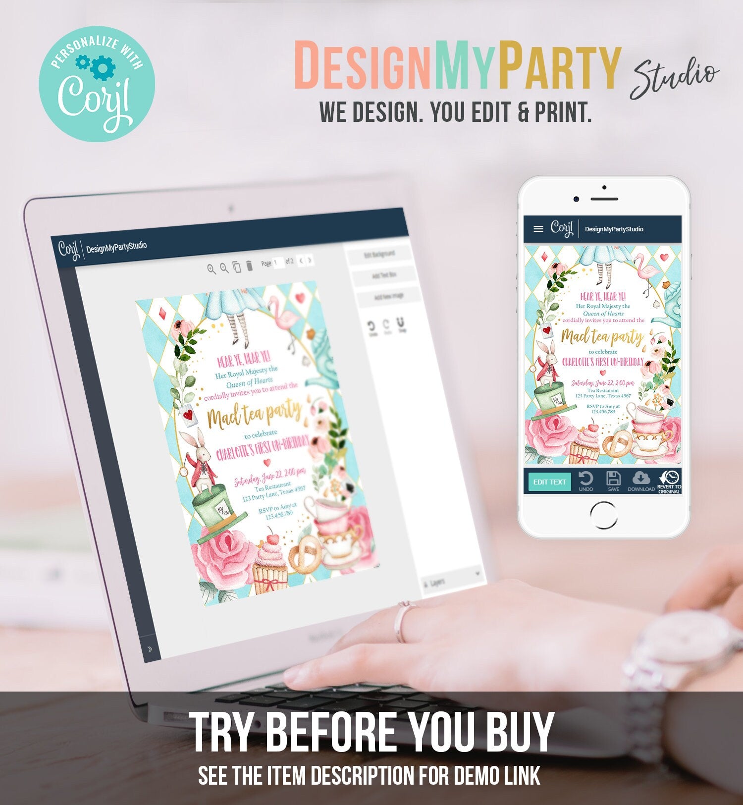 Editable Alice In Wonderland Birthday Invitation Girl First Birthday 1st Mad Tea Party Onederland Pink Printable Template Corjl Digital 0350