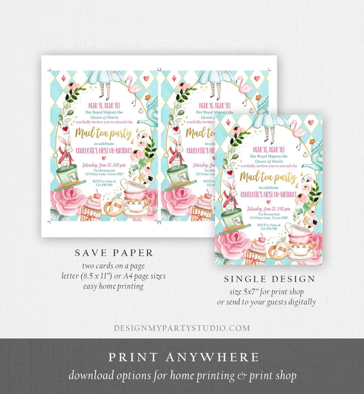 Editable Alice In Wonderland Birthday Invitation Girl First Birthday 1st Mad Tea Party Onederland Pink Printable Template Corjl Digital 0350