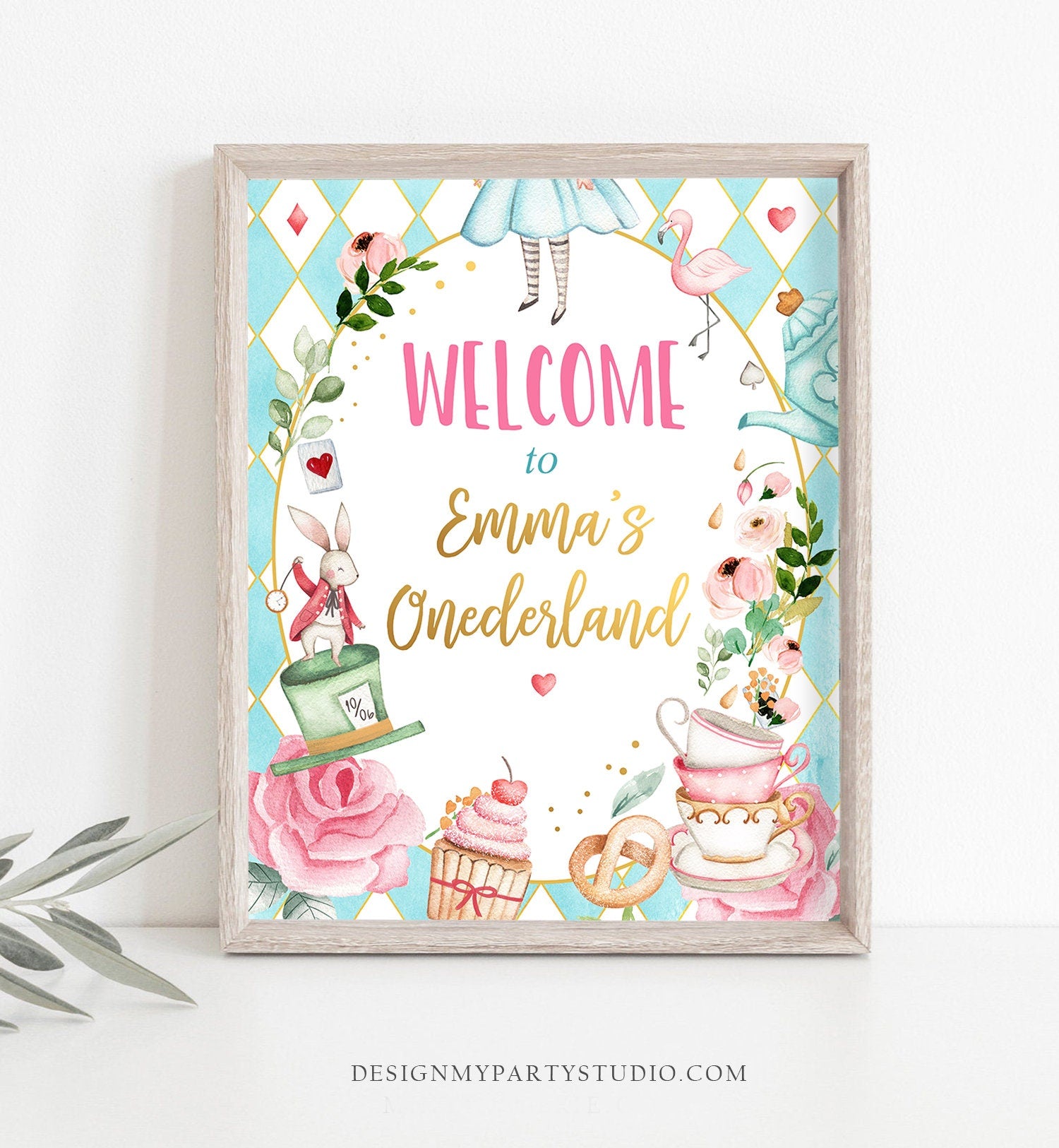 Editable Alice in Wonderland Welcome Sign Alice in Onederland Birthday - Design My Party Studio editable-alice-in-wonderland-welcome-sign-alice-in-onederland-birthday-design-my-party-studio
