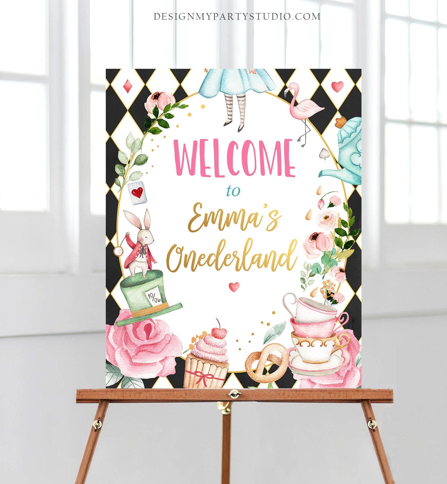 Editable Alice in Wonderland Welcome Sign Alice in Onederland Birthday Sign Girl Pink Mad Tea Party Shower Template Corjl PRINTABLE 0350