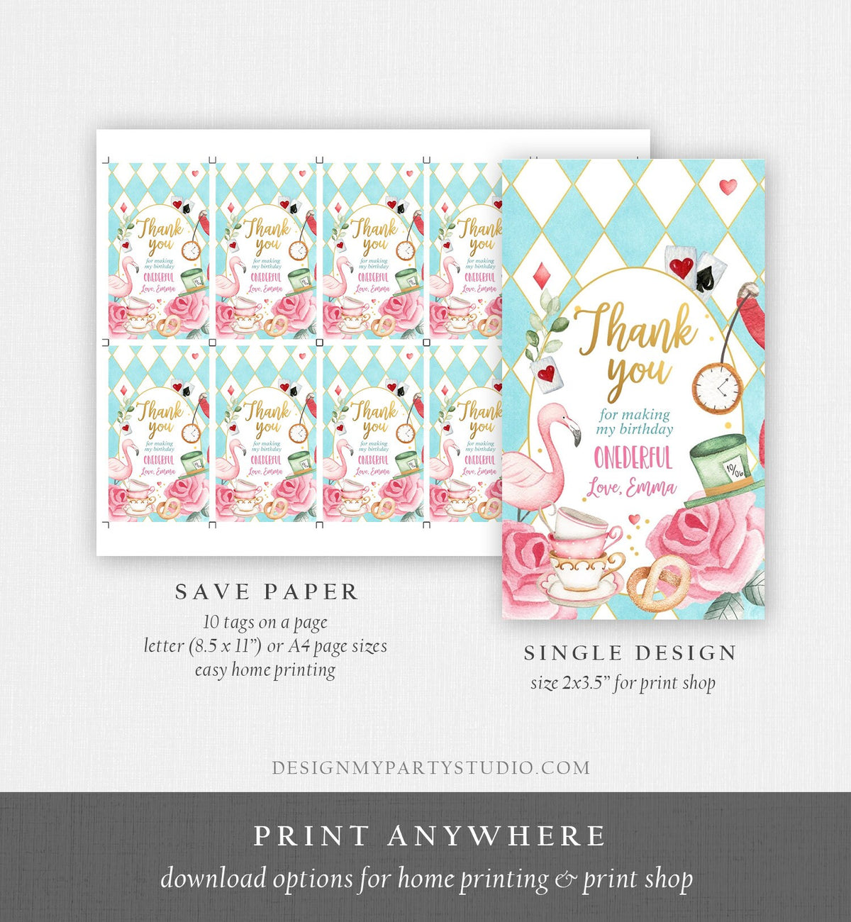 Editable Alice in Wonderland Favor Tags Alice in Onederland Thank You Tags Girl 1st Birthday Tea Party Gift Tag Digital Corjl Template 0350