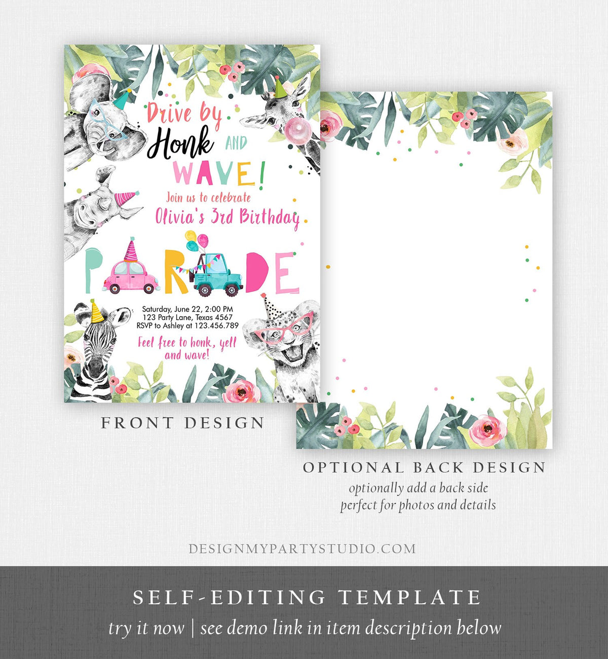Editable Drive By Birthday Parade Invitation Party Animals Invite Honk Wave Car Girl Pink Quarantine Instant Download Digital Corjl 0322