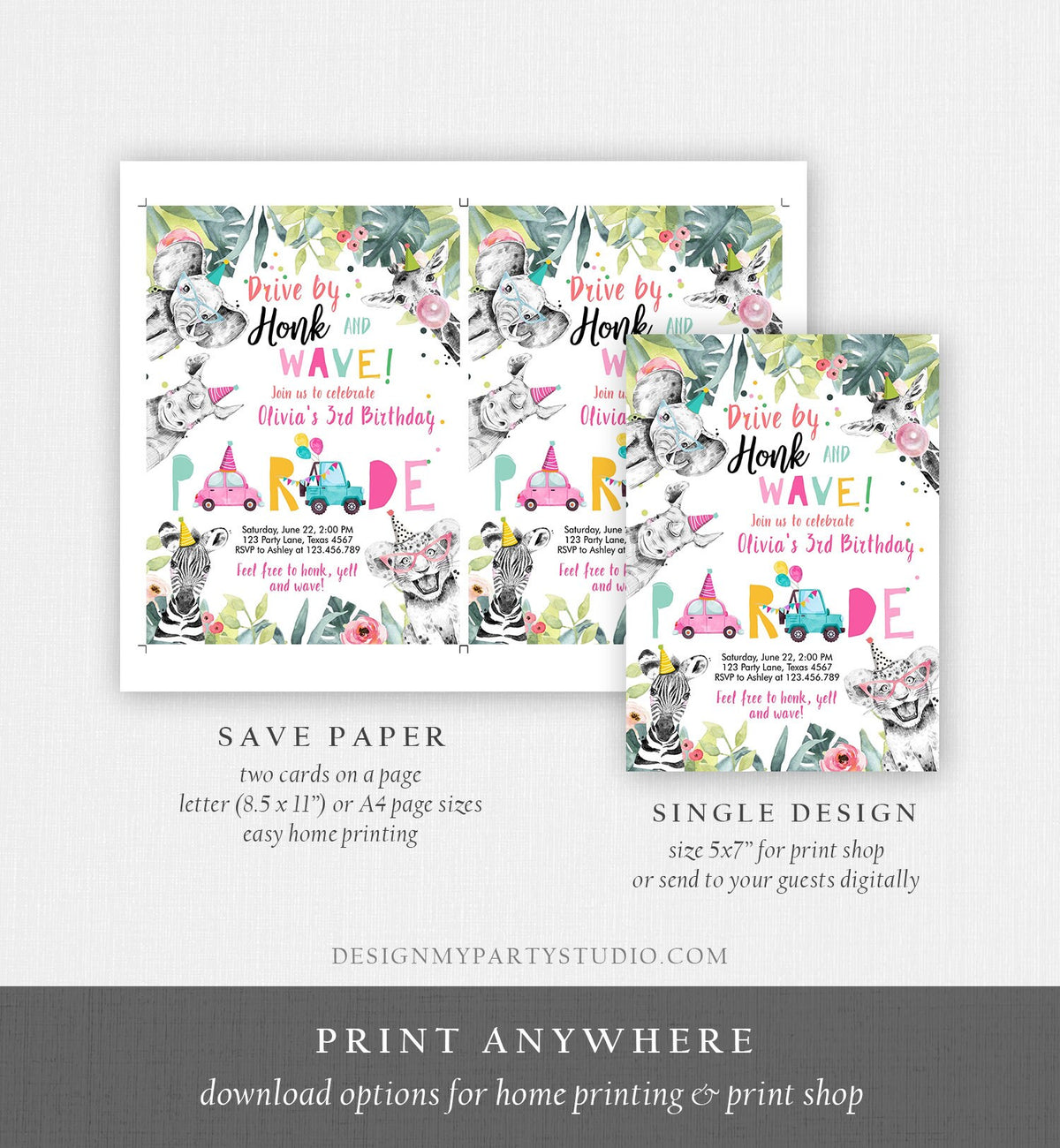 Editable Drive By Birthday Parade Invitation Party Animals Invite Honk Wave Car Girl Pink Quarantine Instant Download Digital Corjl 0322