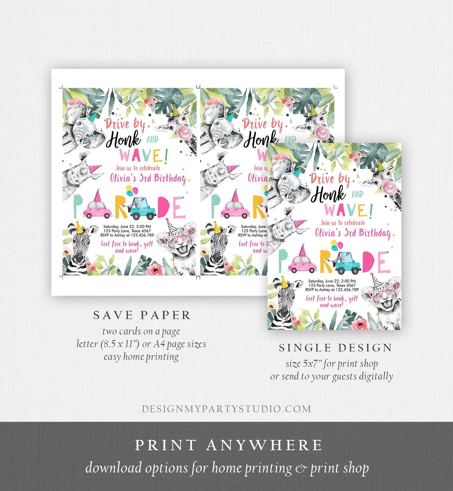 Editable Drive By Birthday Parade Invitation Party Animals Invite Honk Wave Car Girl Pink Quarantine Instant Download Digital Corjl 0322