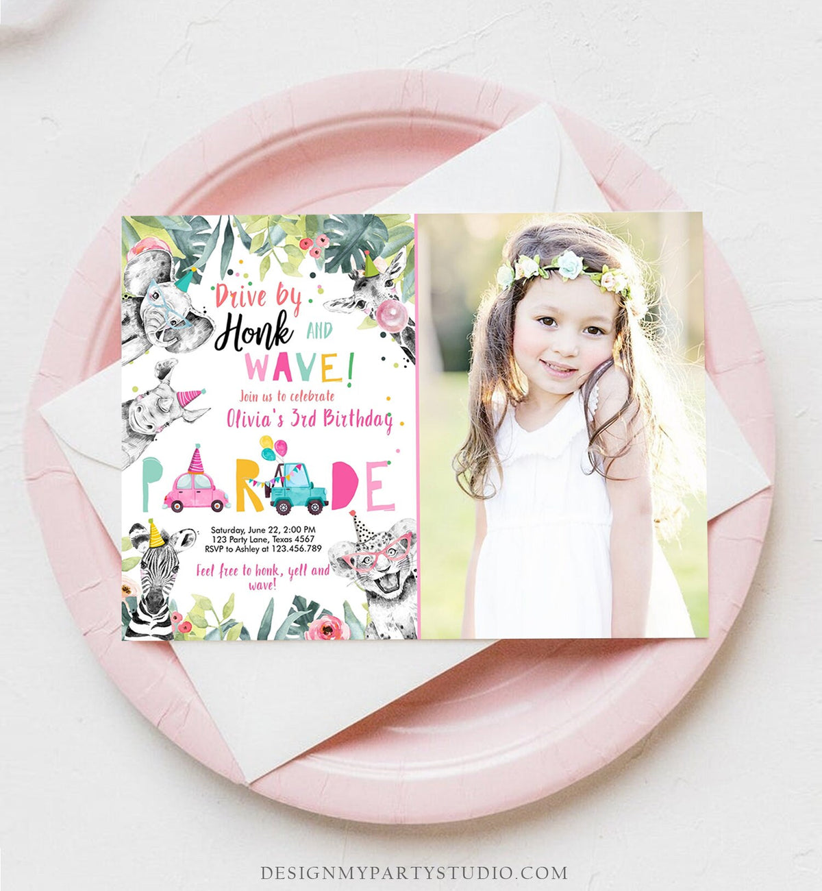 Editable Drive By Birthday Parade Invitation Party Animals Invite Honk Wave Car Girl Pink Quarantine Instant Download Digital Corjl 0322